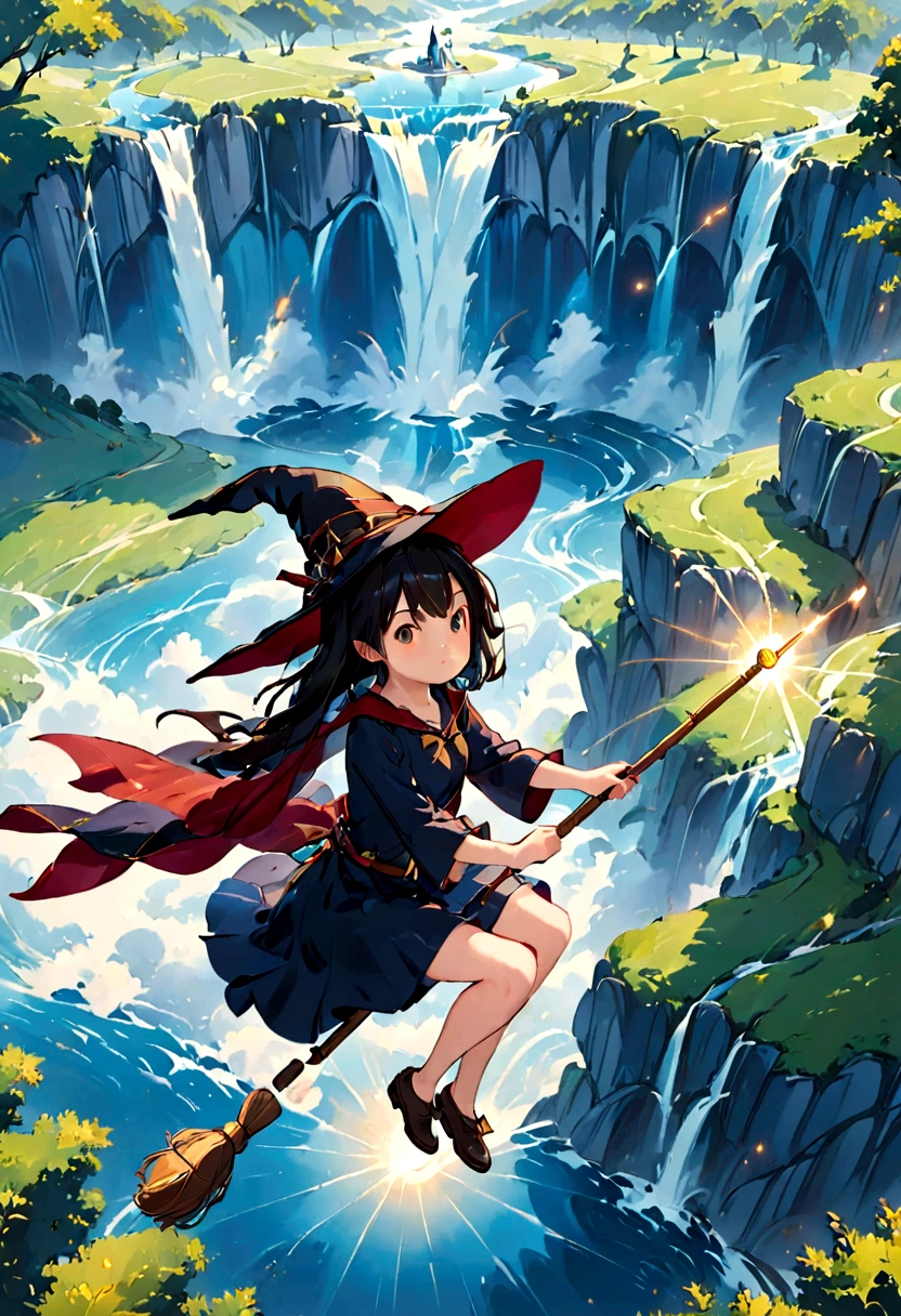 View from above、Pretty girl warrior、Beautiful girl magician in front of a waterfall、Riding the magic wand、flying、The girl&#39;s hands are tightly holding onto the magic wand.、魔法の杖にお尻を乗っけてflying