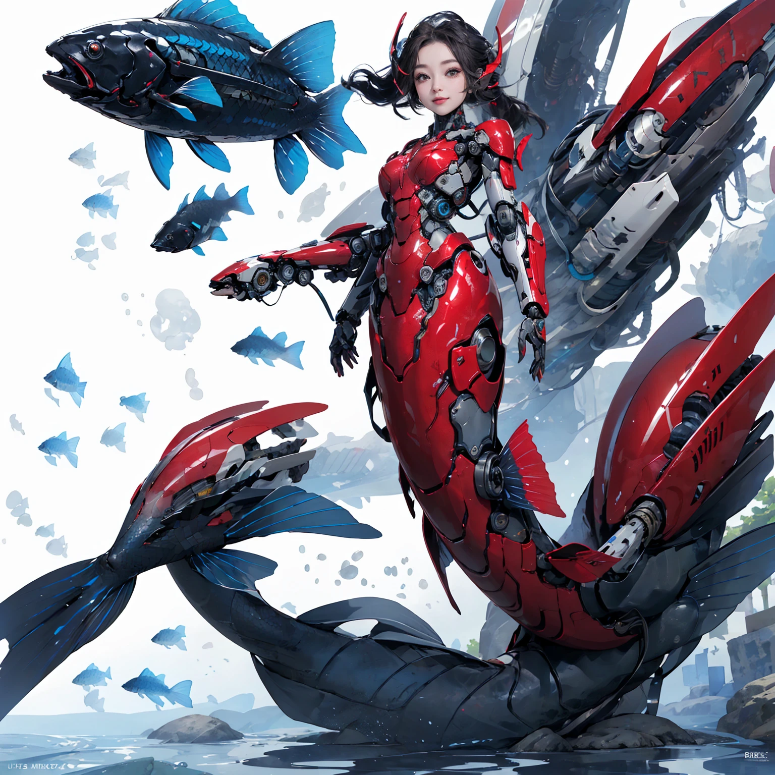 1 chica,mecha,Orejas de pescado, cuerpo completo, sirena, mecha, (mechanical fish tail), (Human arm: 1.2),fondo sencillo, color rojo,mecha,, (obra maestra, mejor calidad, alta calidad, alta resolución, ultra detallado),