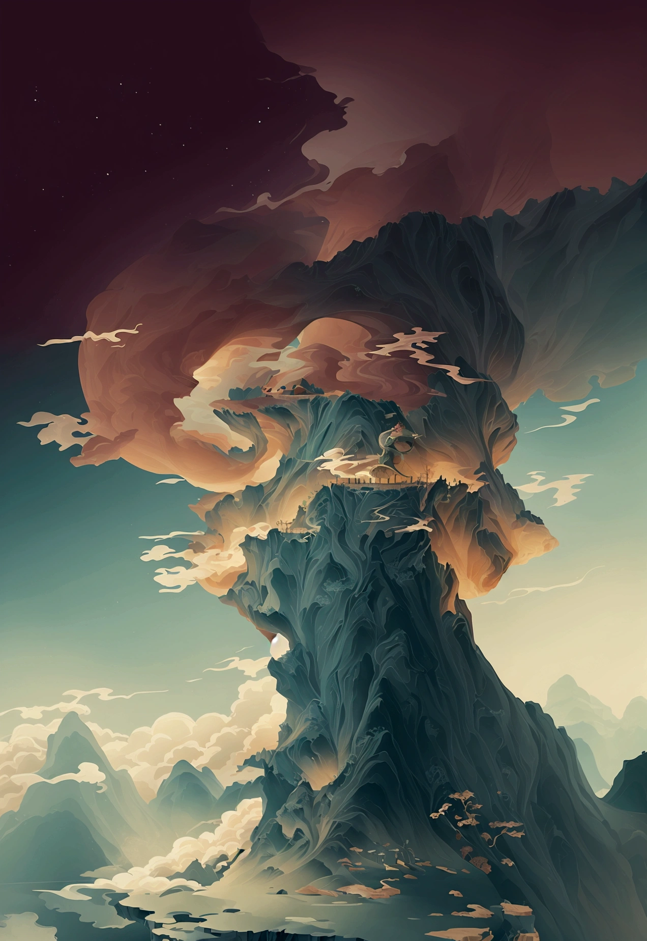 Generate a scene with a cliff from bottom to top and a sea of clouds below