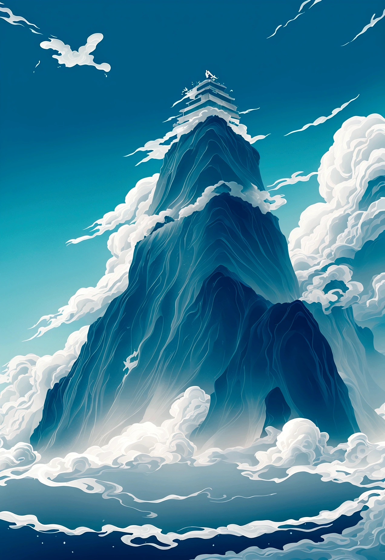 Generate a scene with a cliff from bottom to top and a sea of clouds below