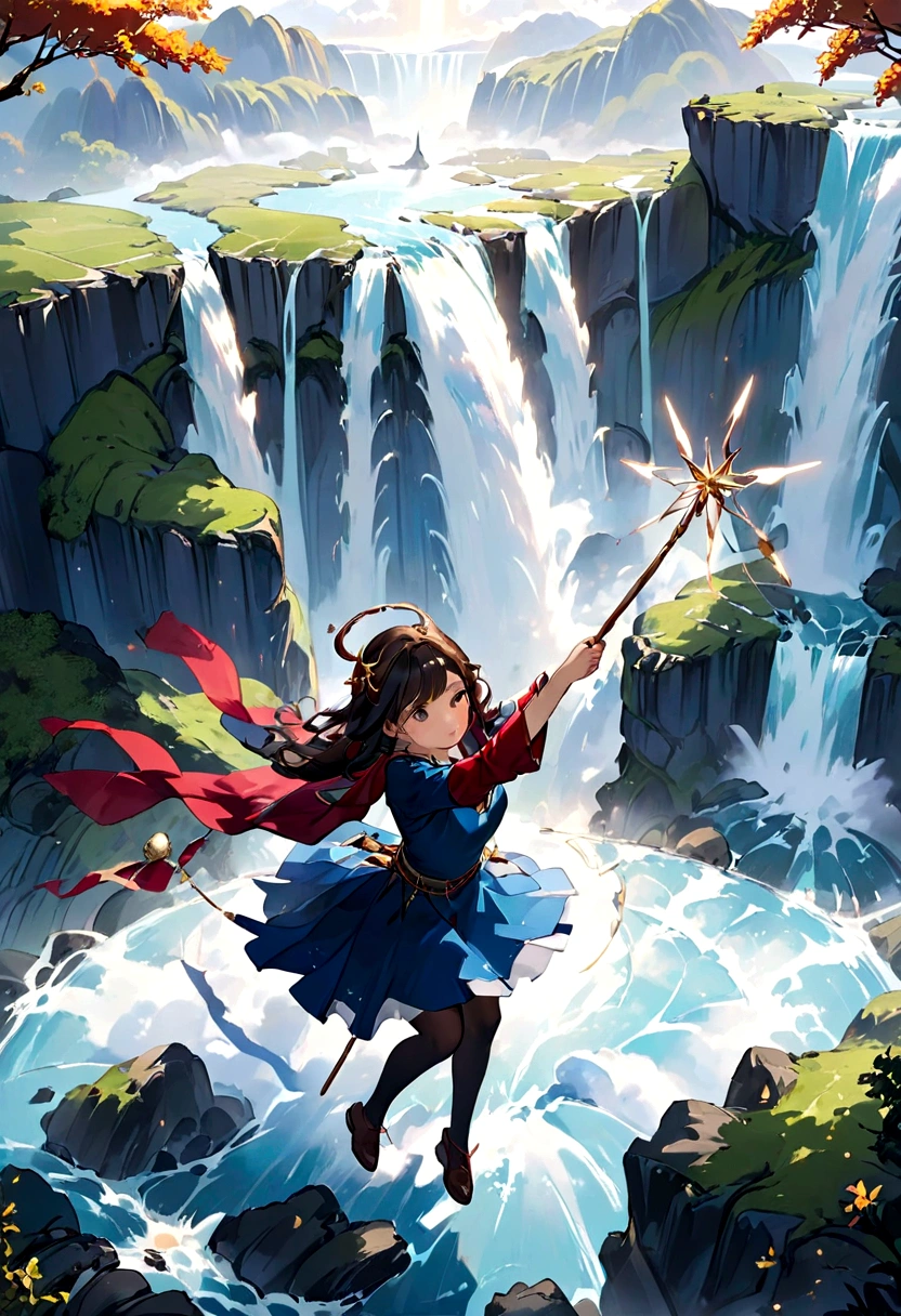 View from above、Pretty girl warrior、Beautiful girl magician in front of a waterfall、Riding the magic wand、flying、The girl&#39;s hands are tightly holding onto the magic wand.、魔法の杖にお尻を乗っけてflying