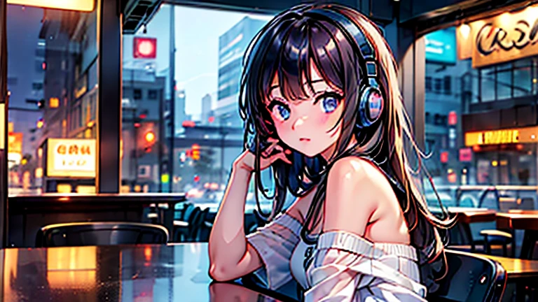 20-year-old women, 90s anime style, rain, coffee shop,, Woman wearing headphones, Late Night Cafe,Listening to music alone, City Pop, low quality, Lo-Fi, Chill, late 夜, Stylish cafe counter seats, Dark Room, Futuristic night view outside the window, Dark Room