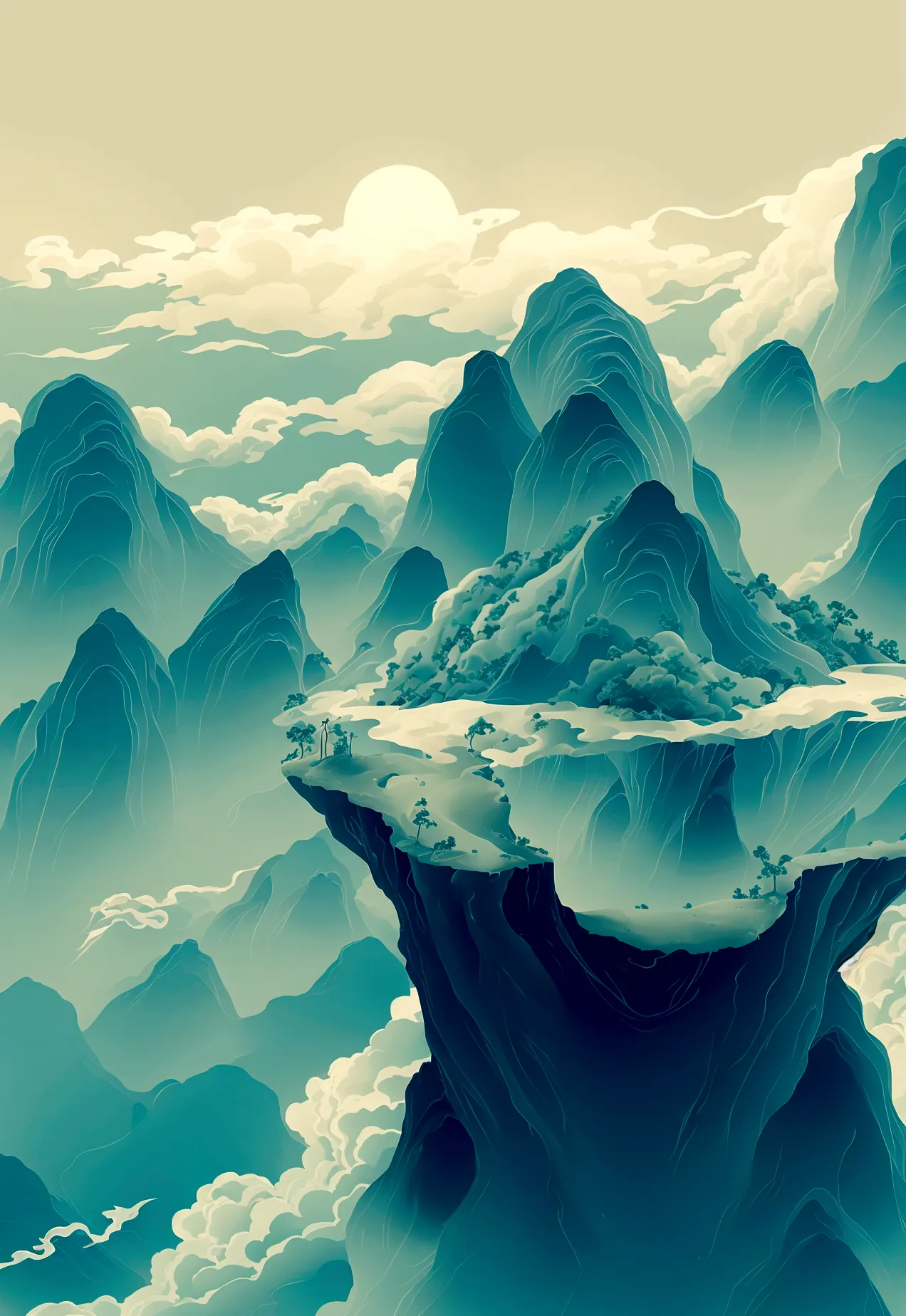 Generate a scene with a cliff from bottom to top and a sea of clouds below