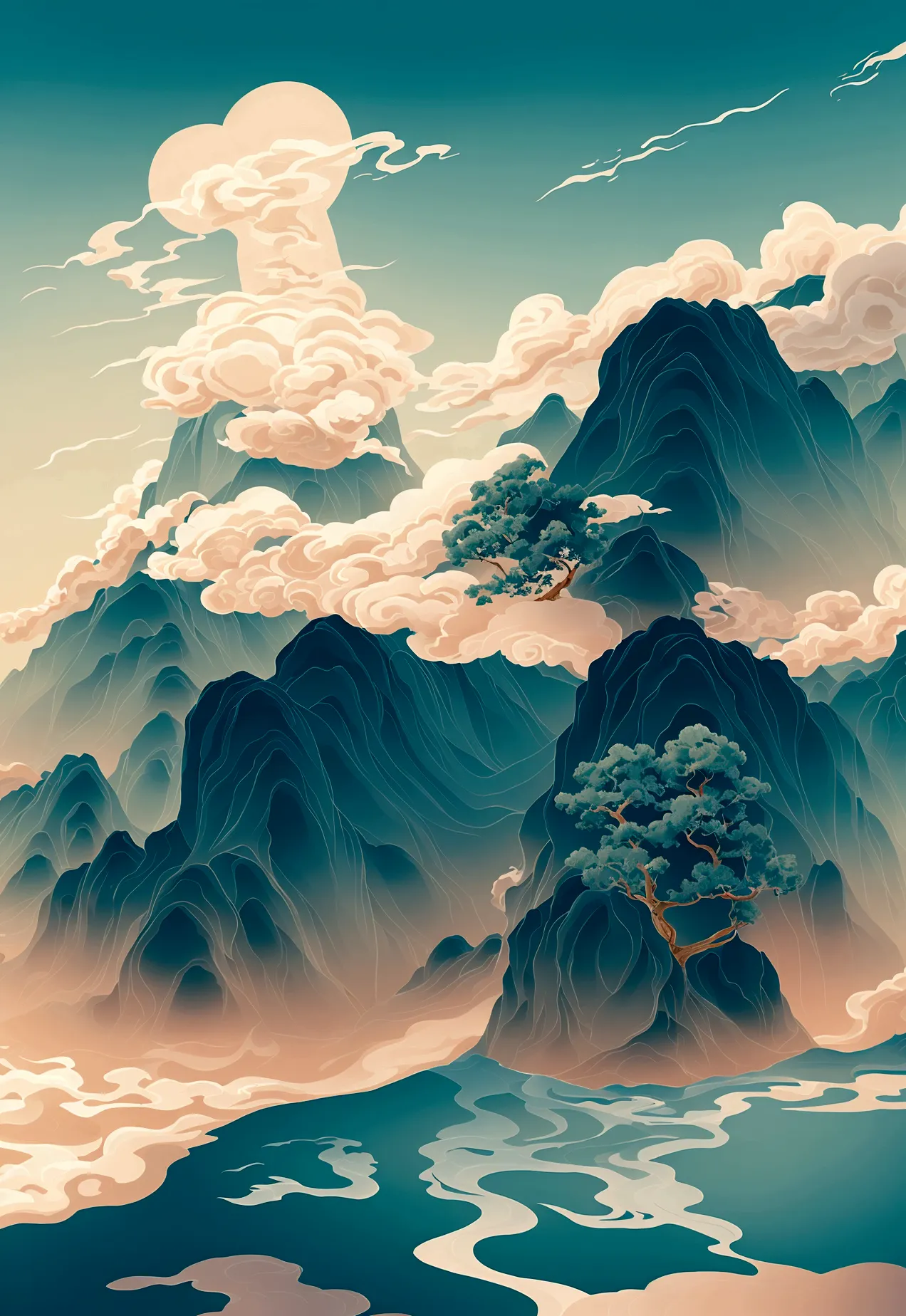Generate a scene with a cliff from bottom to top and a sea of clouds below