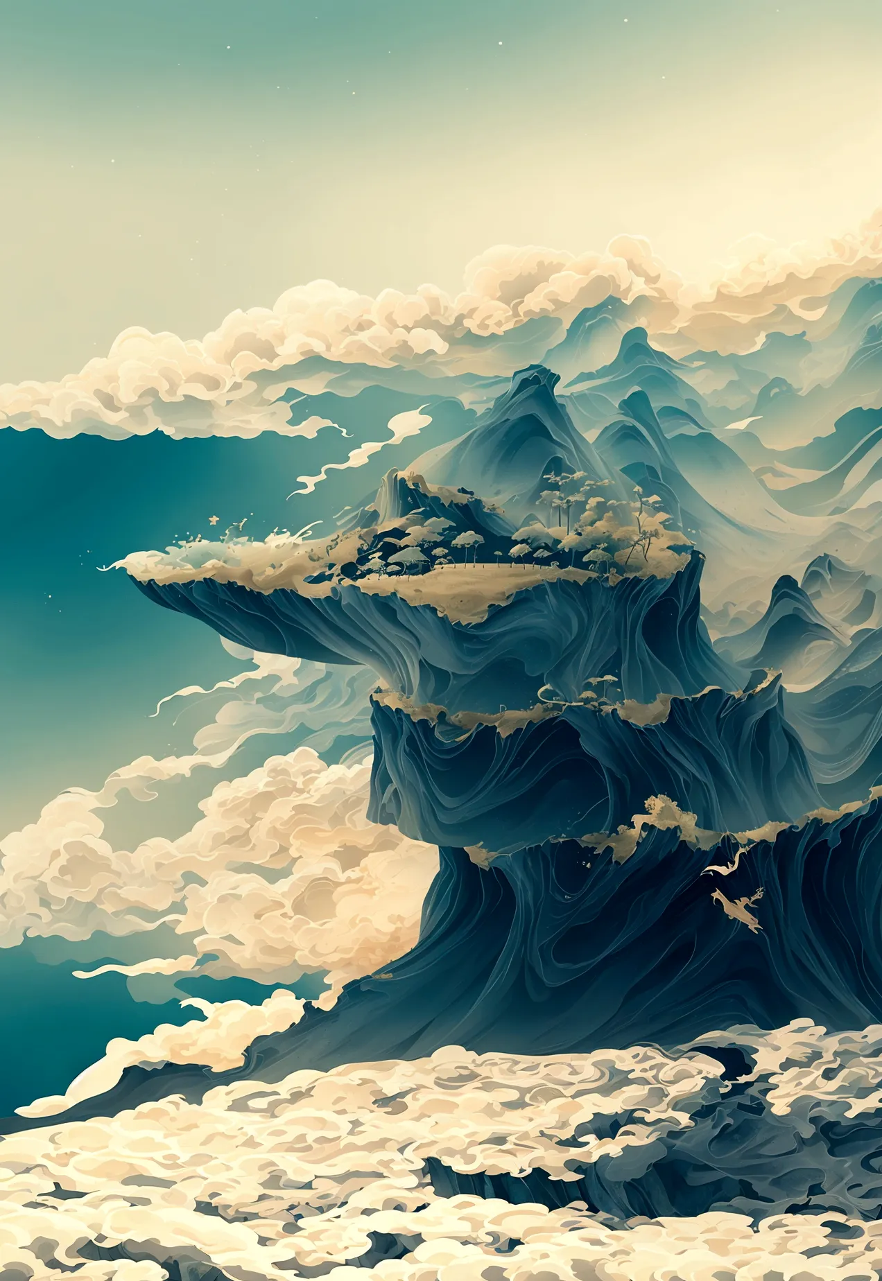 Generate a scene with a cliff from bottom to top and a sea of clouds below