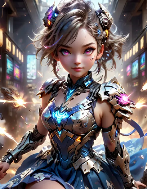 A young and beautiful woman_cyborg、A grinning expression、（China dress：1.4）、（Assault rifle fires at high speed：1.7）、（Motion Blur ...