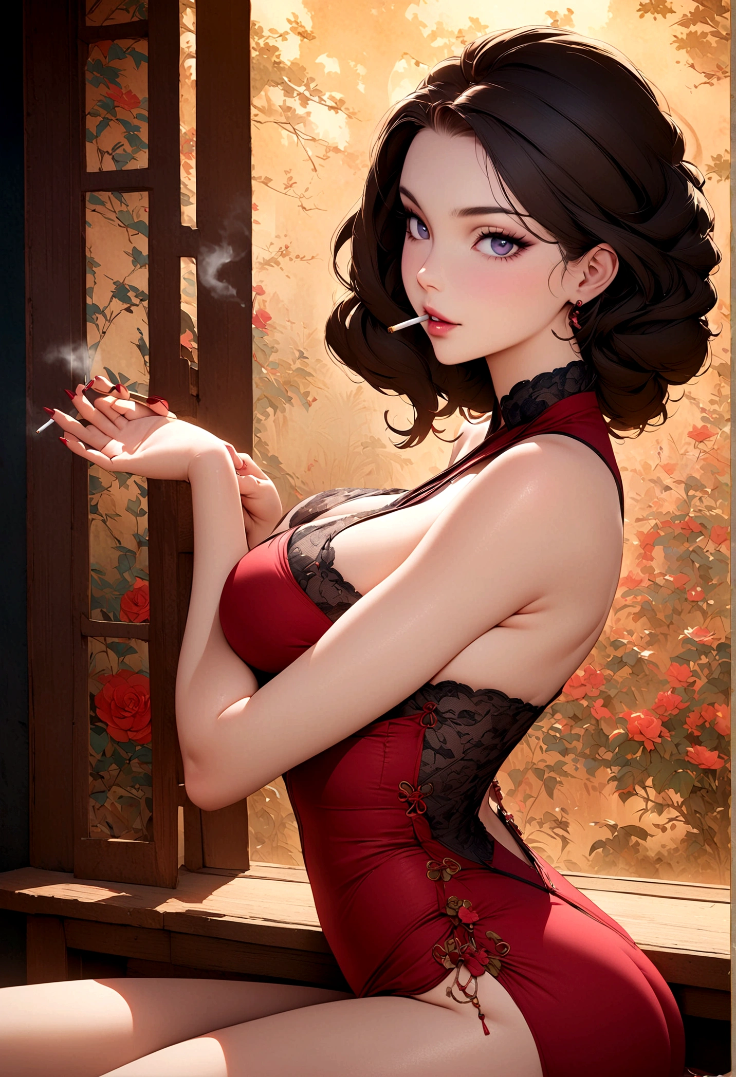((Masterpiece, top quality, high resolution)), ((highly detailed CG unified 8K wallpaper)), (huge stunning goddess shot, very hot and sexy, jaw-dropping beauty, perfect proportions, beautiful body, slim body beauty:1.1), Woman in Roses Lace Long Cheongsam Dress, there is a woman sitting on a chair with a cigarette in her hand, pinup art, girl pinup, 1920s geisha, pinup, oriental art nouveau, pin up girl, pin-up poster girl, pinup pose, inspired by Alberto Vargas, pinup girl, retro pinup model, pin - up girl, vintage pin up,