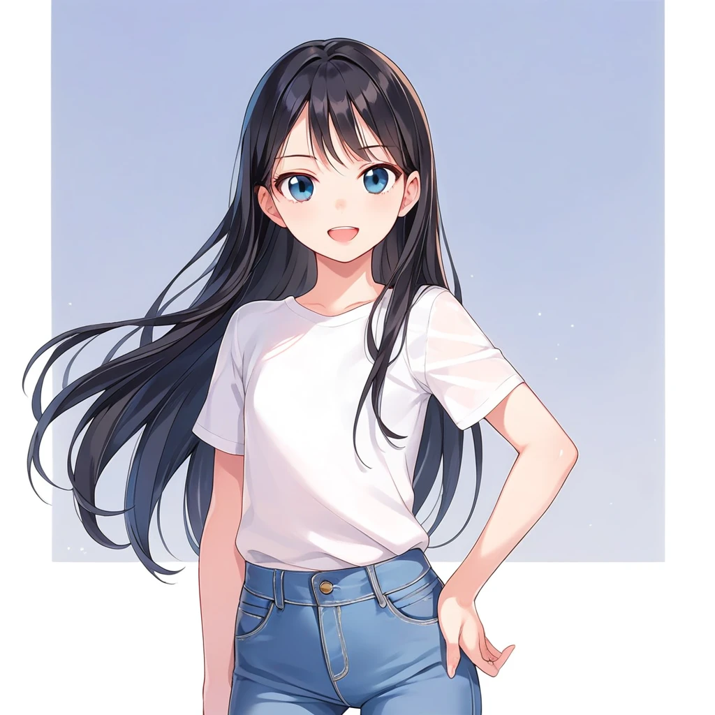 masterpiece , best quality , color , lineart , 1 girl , solo , 20 years old , flat chest , long hair , black hair , short sleeve , white tshirts , long pants , jeans , smirk , standing , hand on hip , open eyes , looking at viewer , open mouth , cowboy shot , from front , white backqround , simple backqround ,