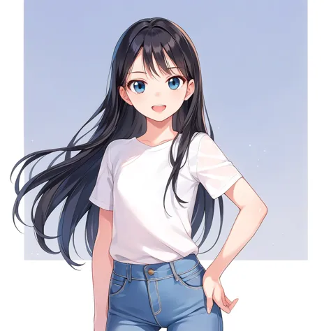 masterpiece , best quality , color , lineart , 1 girl , solo , 20 years old , flat chest , long hair , black hair , short sleeve...