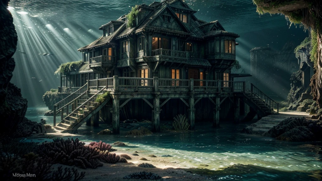 There is a house at the bottom of the ocean, surrounded by marine life. Light breaks through the water, creating mystical lighting. The house is partially covered with seaweed and coral, emphasizing its prolonged stay underwater. A variety of fish and other marine life swim around.

Details for creating a picture:

Main object:

A house with traditional architecture, possibly with visible windows and doors.
The house is weathered with elements of corrosion and fouling by algae and corals.
Ambient:

Ocean floor, covered with sand and stones.
Marine flora: algae, sea grass, kelp.
Marine fauna: various types of fish, maybe small sharks, jellyfish.
Lighting & Atmosphere:

Scattered light penetrating through the water from above, creating soft light rays.
Shadows and depth, giving the image realism.
Bluish and greenish shades, characteristic of the underwater environment.
Additional elements (Optional):

Shipwrecks or old chests in the distance to add ambience.
Little air bubbles rising from the house.
Style and mood:

Realistic style with high detail.
Mystical and slightly mysterious atmosphere.
Combination of modern and natural.
Technical specifications:

High resolution.
Realistic stylization.
Detailed elements of the house and the underwater world.
Effective use of light and shadow to create depth and realism.