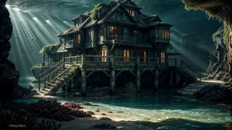 There is a house at the bottom of the ocean, surrounded by marine life. Light breaks through the water, creating mystical lighti...