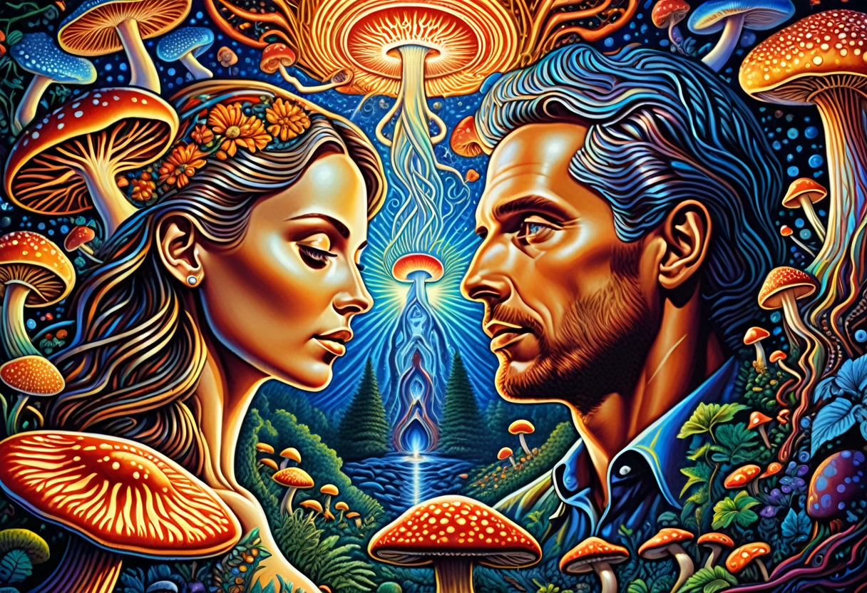 A painting of a woman and a man surrounded by mushrooms, psychedelic  goddess and - SeaArt AI