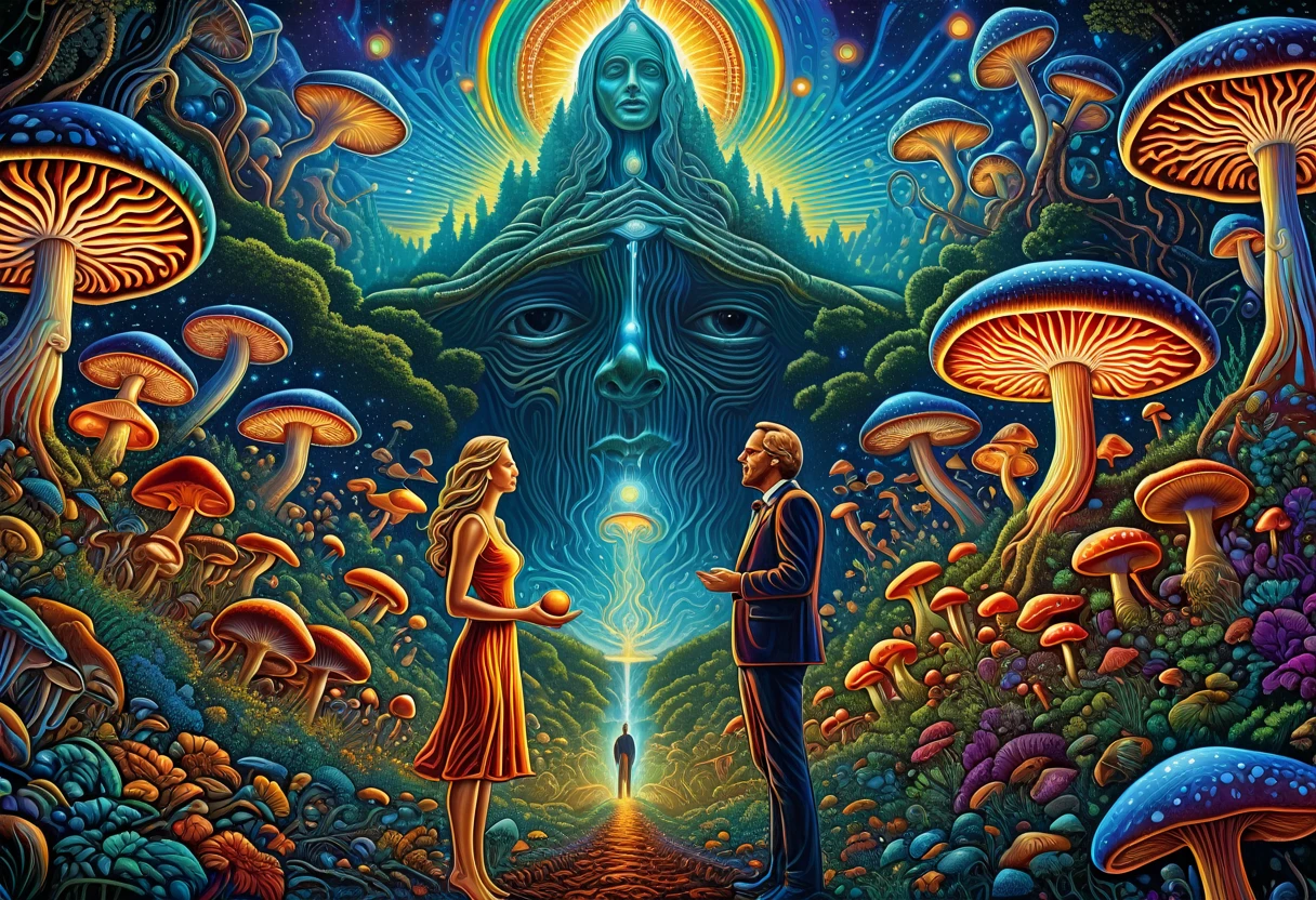 une peinture d'une femme et d'un homme entourés de champignons, déesse psychédélique et dieu psychédélique, Dan Mumford et Alex Grey style, oeuvre de psytrance, Alex Gray et Tim Hildebrandt, déesse DMT, LSD Dieu, hyper - detailed art visionnaire, art dmt, art trippant, art psychédélique, hyper detailed art visionnaire, highly detailed art visionnaire, art visionnaire style, art visionnaire, art psychédéliquework