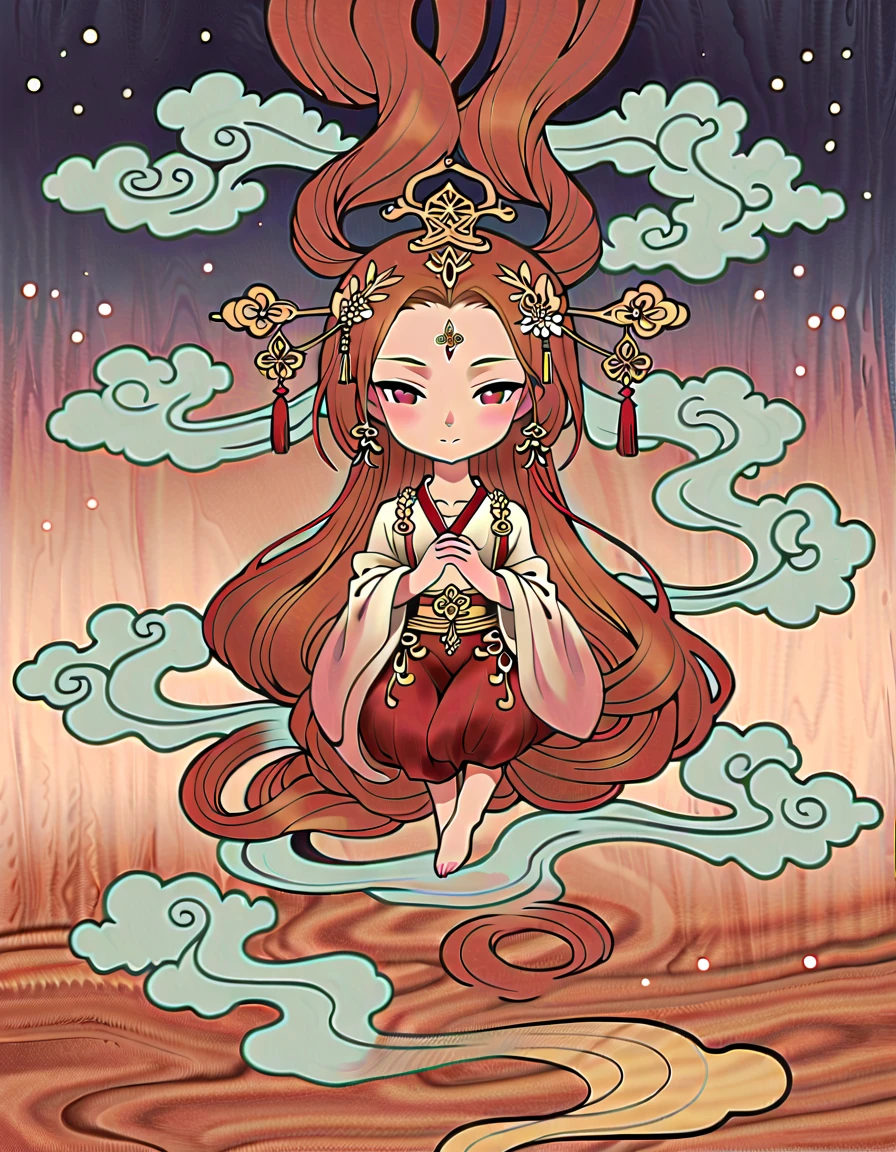 Dunhuang art style illustration,Tiny little monk sitting on the giant hand of Guanyin,Nestled in the rolling ripples,extremely delicate brushstrokes, Soft and smooth,Chinese Red and Indigo,The background is covered with auspicious cloud patterns painted with gold foil ，Negi 
