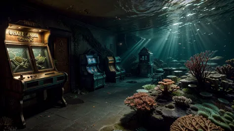 There is an old arcade machine at the bottom of the ocean, surrounded by marine life. Light breaks through the water, creating m...
