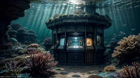 There is an old arcade machine at the bottom of the ocean, surrounded by marine life. Light breaks through the water, creating m...