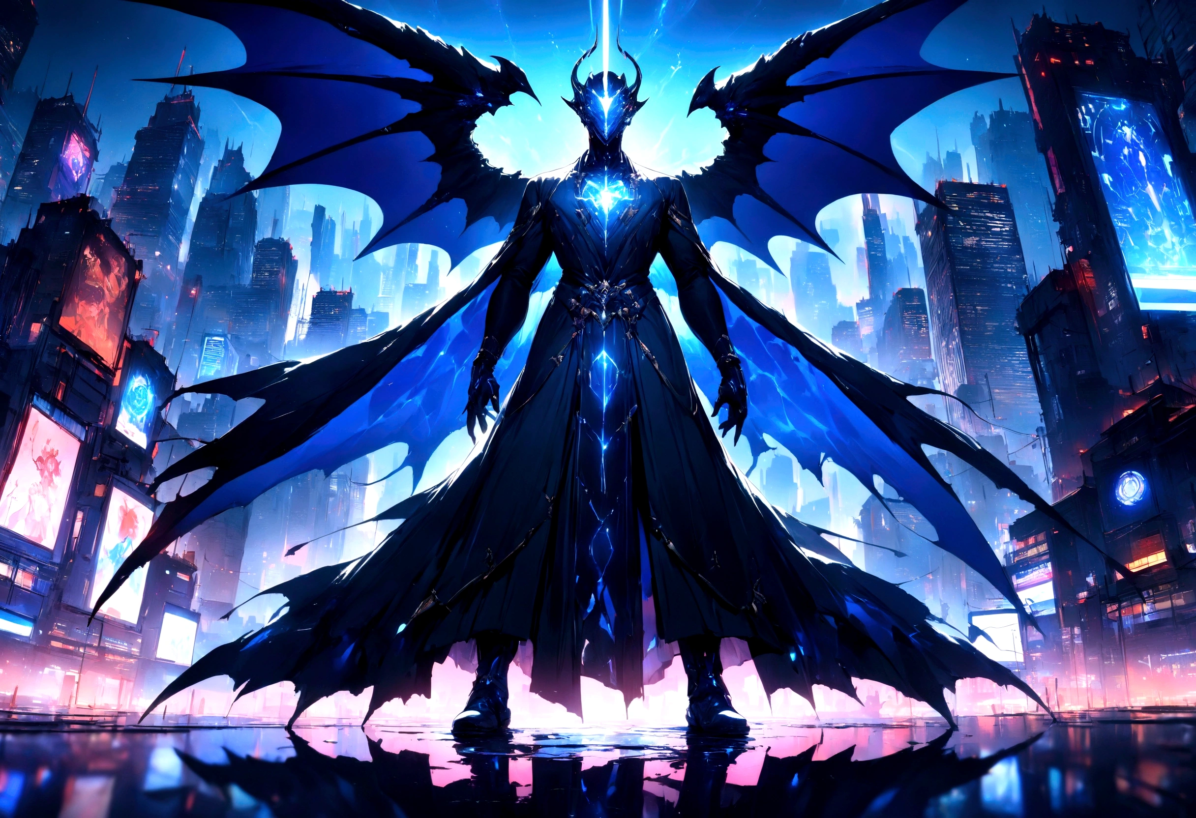 ((masterpiece, Highest quality, Best image quality, High resolution)) A noble human wearing a black robe、 Big devil wings、angel ring on top of head、Glowing blue eyes and advanced cybernetic enhancements.Standing in a noble pose on a neon-lit rooftop, reflection on a smooth surface. The cityscape below is filled with towering skyscrapers., illuminated by colorful holographic advertisements, Shining with blue energy, Mighty power. The overall atmosphere is dark and mysterious., It had a futuristic techno vibe.. The lighting is dramatic, Intense highlights and deep shadows, Creates depth and tension. Color Palette