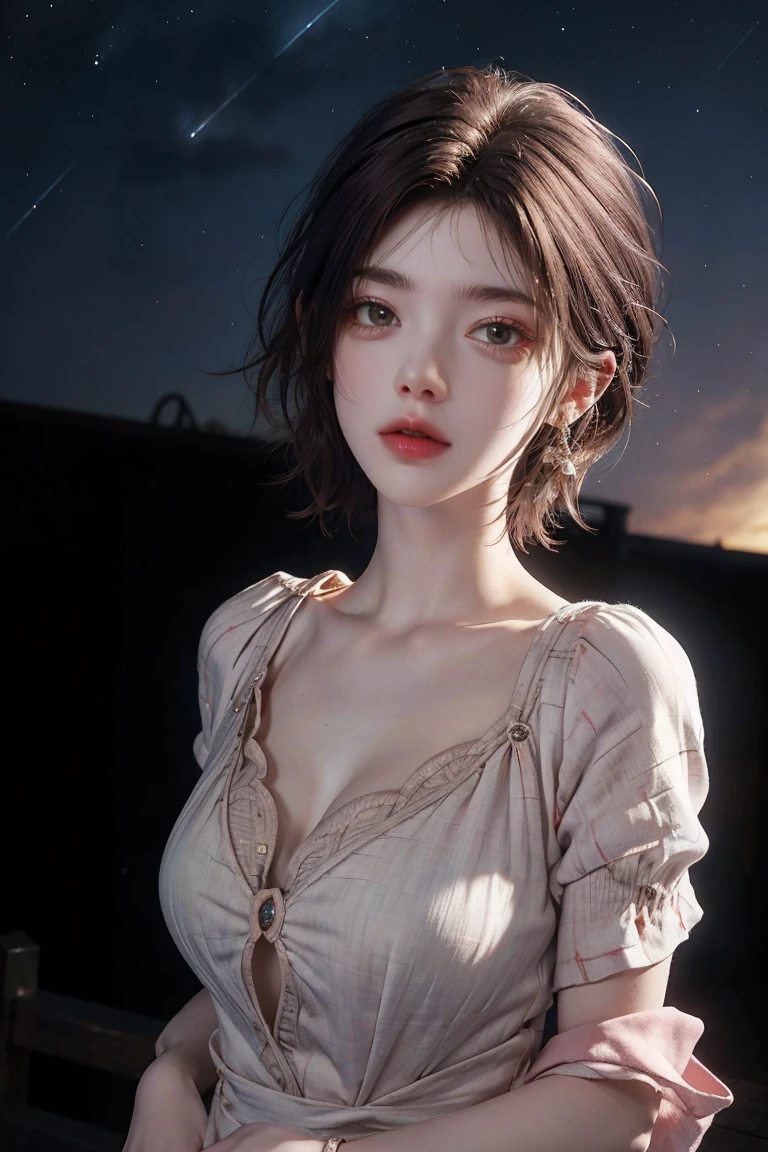 ((best quality,highest resolution，Unified 8K, masterpiece ))a girl，（random clothes），（Close-up from chest up）,photo，reality，Short hair blown by the wind，medium chest，rosy lips，white shiny skin，Expose the upper chest，Deep cleavage，blurred background，night，starry sky