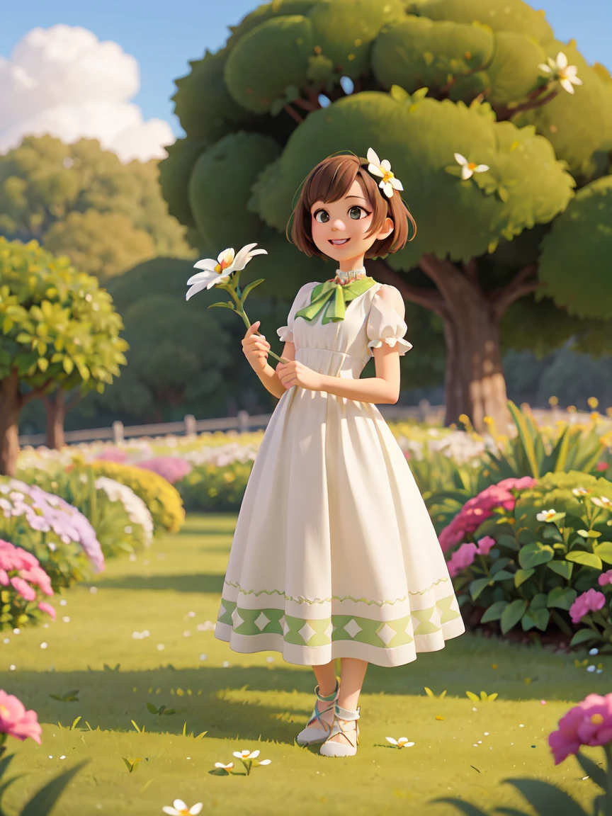 A gentle woman，Normal proportion，Face the lens，Holding a white flower in hand， Brown short hair，White Dress，Standing on a meadow full of flowers，Sunshine on the face，Fair，Happy smile, bright，Bright green，Medium shot，Studio Gippley style，Miyazaki style，2.5D，Game texture，lifelike