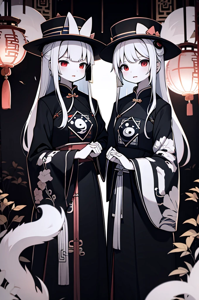 2 young girls wearing traditional chinese clothing, symmetrical composition, black-clothed girl and white-clothed girl standing together, ominous atmosphere, underworld style, medium shot focused on upper body, black and white ghost characters, hanfu, miao ethnic minority clothing, chinese miao ethnic style clothing, ominous and eerie style, symmetrical composition, yin and yang, traditional chinese official hat without brim, tall cylindrical hat without brim, high hat without brim, no brim, underworld, yin and yang