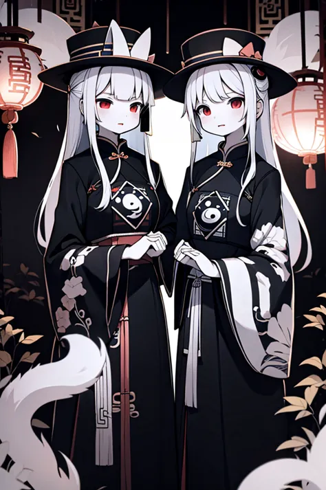 2 young girls wearing traditional chinese clothing, symmetrical composition, black-clothed girl and white-clothed girl standing ...