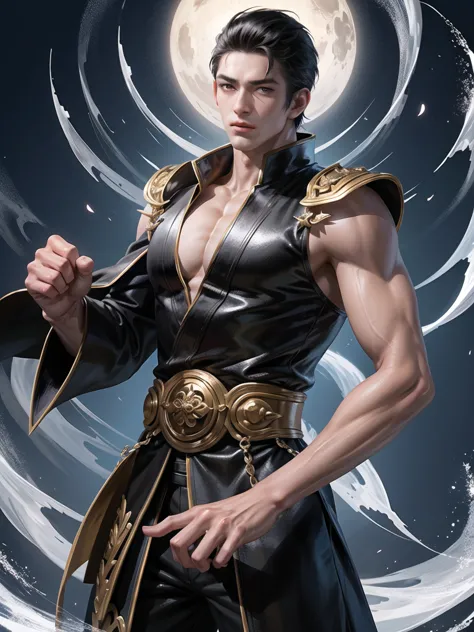(Martial arts style works),(quality),(height)   ,1 boy,light black eyes, short dark white hair., alone,(A detailed background of...