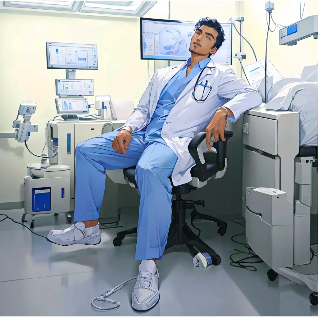 arafed male 医者 sitting in a chair in a hospital room, 医療写真, 詳細な顔の特徴を持つ非常にハンサムな顔, 正確な解剖学的構造を正しくする, 医者, medical 医者, 医療従事者, 白衣を着たキツネのような男, 病院で患者用ガウンを着て, 白い病院着を着て, 男性医師, 激しい戦いの後の休息, 白衣を着て,  医者s office, 白衣を着て