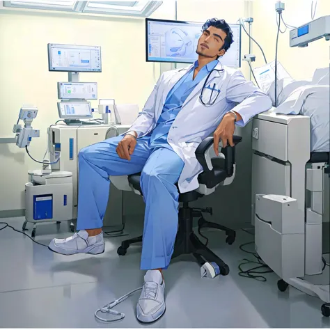 arafed male doctor sitting in a chair in a hospital room, medical photography, very handsome face with detailed facial features,...