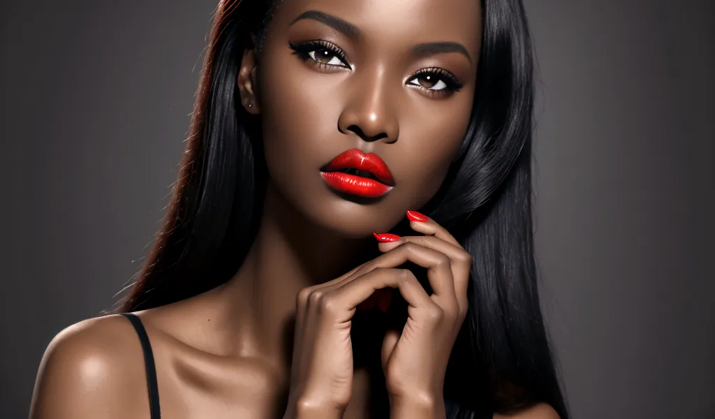 african woman with red lips and black clothes, press your hands on your face, deep red lips, dark red lips, ideal face model, be...