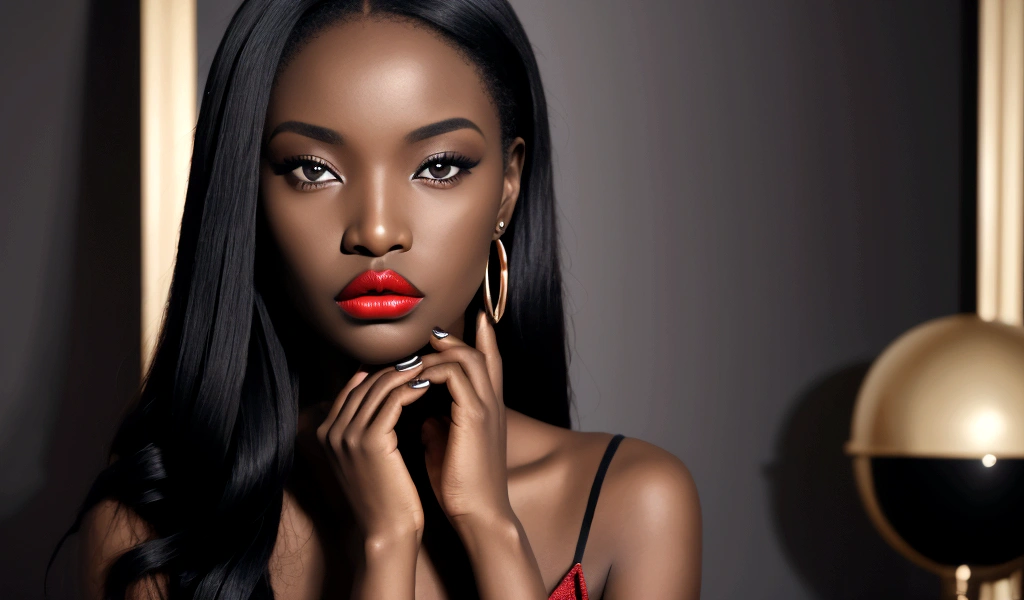 African woman with red lips and black clothes, Press your hands on your face, deep Red lips, dark Red lips, Ideal face model, Beauty Retouching, Dark lips, Sexy lips :5. Fashion, Dark lipstick, Cosmetics Activities, Red lipstick on face, focus on pursed lips, Sexy face with full makeup, Red lips
