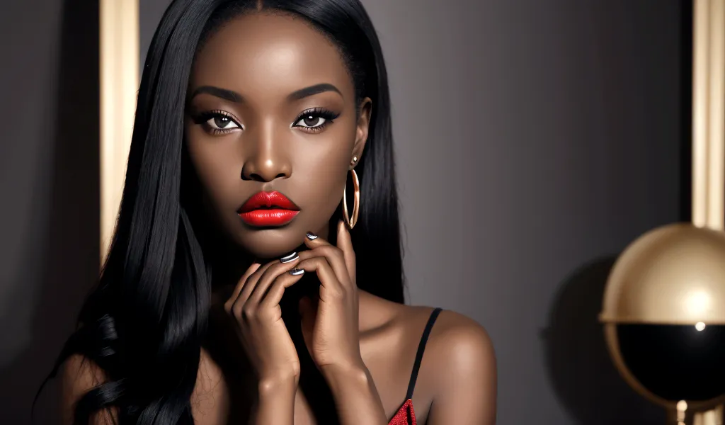 african woman with red lips and black clothes, press your hands on your face, deep red lips, dark red lips, ideal face model, be...