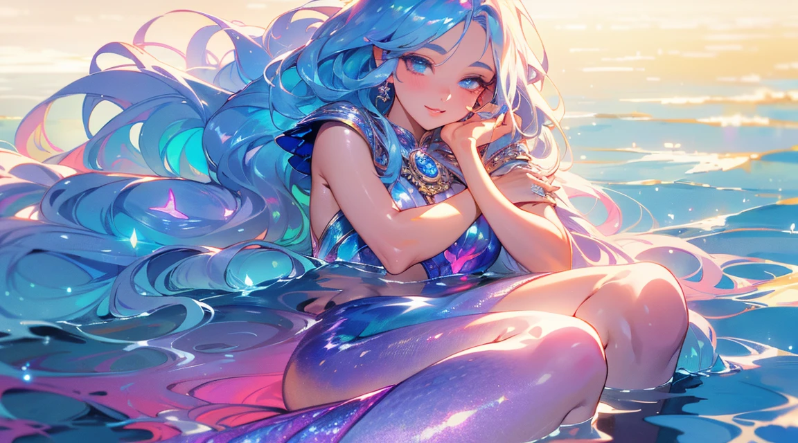 A beautiful mermaid with flowing,iridescent scales and long,flowing hair. She is sitting on a rock by the sea under the moonlight,surrounded by gentle waves and sparkling sea creatures.,(Style: Classic fantasy, realistic),(Details: Long hair, iridescent scales, moonlight, sea creatures, gentle waves),(anatomically correct),Highest quality,great quality,16k,incredibly absurd,very detailed,detailed and beautiful eyes,smooth and beautiful skin,Beautiful hair with shiny details,Draw carefully to the details,Complex gradations like watercolors,Brightly colored,great color balance,happy dream,zentangle elements,rendering,chant colorful spells,((Glitter)),Hologram processing,fantastic,magic effect,Place fine particles of light,Carefully draw the face line,natural makeup,attractive,Perfect proportions