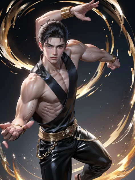 (Martial arts style works),(quality),(height)   ,1 boy,light black eyes, short dark white hair., alone,(A detailed background of...