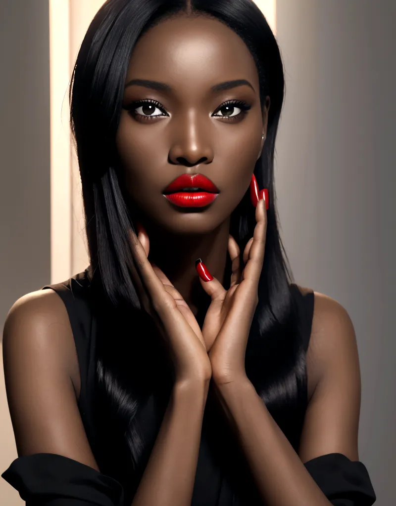 african woman with red lips and black clothes, bright red nails，press your hands on your face, deep red lips, dark red lips, ide...