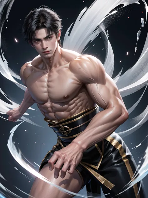 (Martial arts style works),(quality),(height)   ,1 boy,light black eyes, short dark white hair., alone,(A detailed background of...