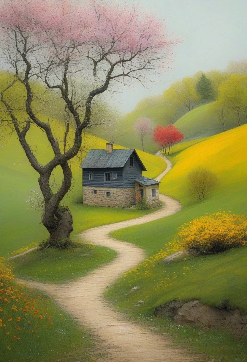 Minimalism，spring，Colorful woods and winding paths，Old man back，Small house in the distance