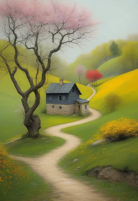 minimalism，spring，colorful woods and winding paths，old man back，small house in the distance