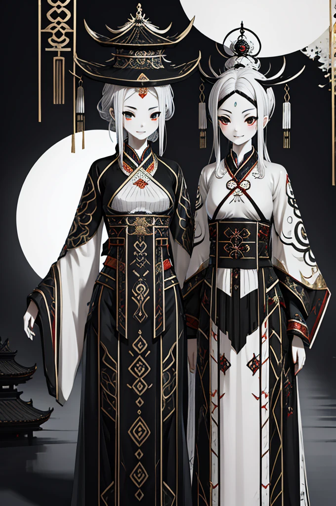 Double girl，axisymmetric，Two girls，，Very high hat，Chinese style，The girl in black and the girl in white stand together，Dark style，Prefecture style，The Underworld style，Close-up above the waist，Black Impermanence White Impermanence，Hanfu，Miao clothing，Chinese Miao style clothing，Hanfu，Spooky style，Picture of the couple，axisymmetric，yin and yang，axisymmetric，The Underworld，Yin difference，Spooky style，Gloomy tones，Two pale skinned girls，Pale-skinned girl，Spooky style，Weird smile