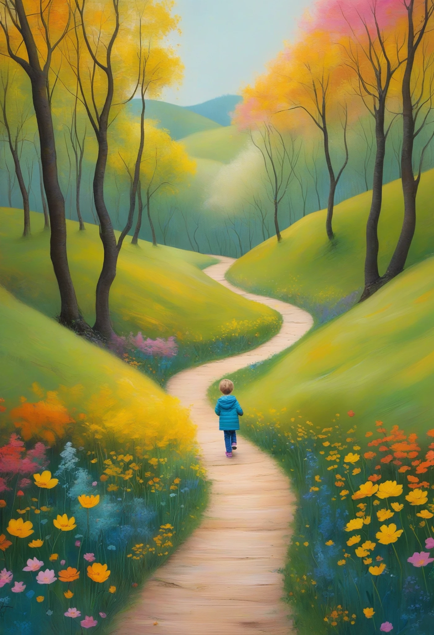 Minimalism，spring，Colorful woods and winding paths，Happy kid back view