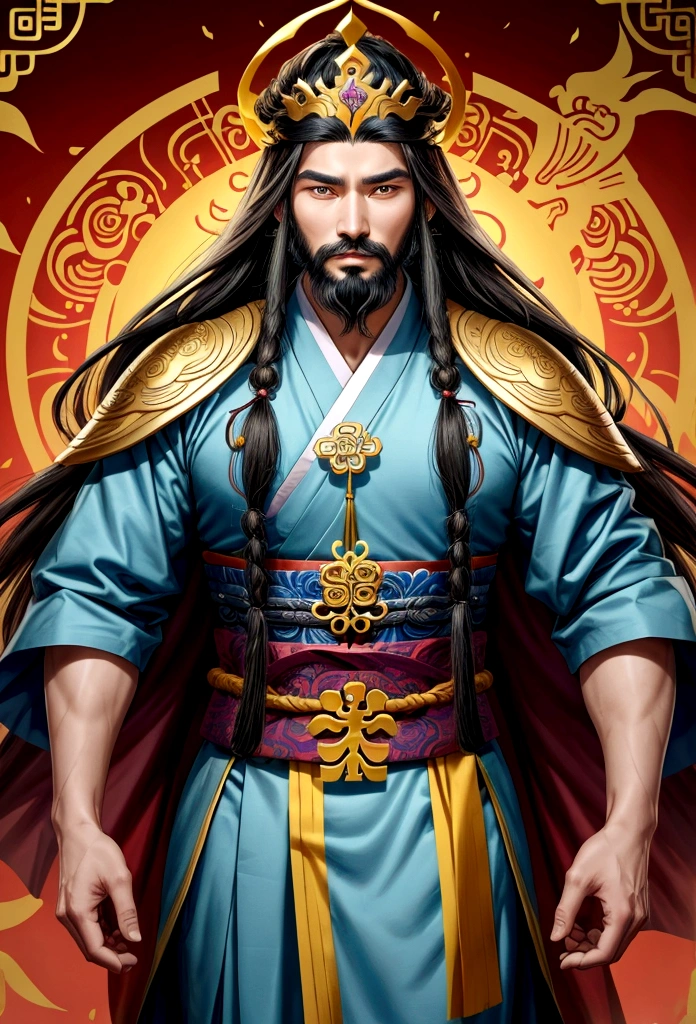 A man with long hair and a beard is wearing a crown, Vian Lian, 리칸inspired by, Inspired by Oh Do-ja, 조즈바이inspired by, 우빈inspired by, by Jay Yang, Guan Yu, yellow heart(Huang Shen)inspired by, heise jinyao, Three Kingdoms of China, xianxia hero, Zhaoyun, 리쳉inspired by