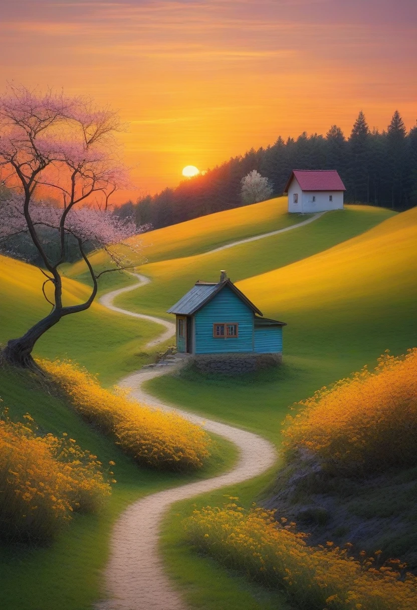 Minimalism，spring，Colorful woods and winding paths，Old man back，Small house in the distance，Sunset