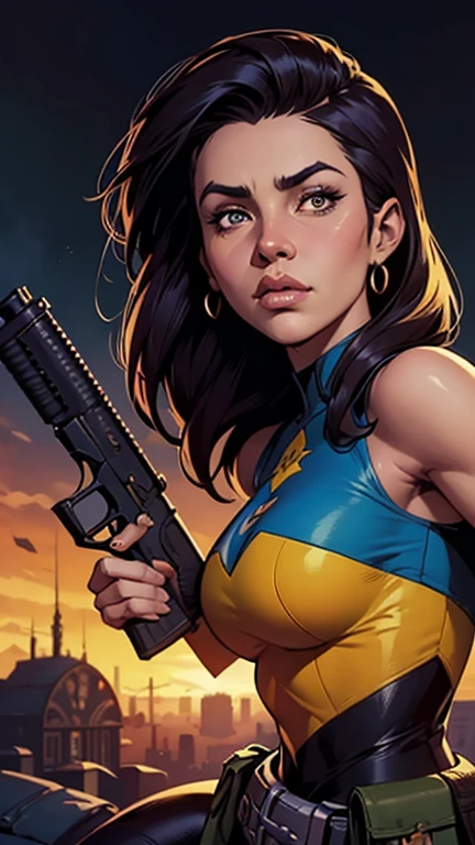 um close de um desenho animado de uma mulher com uma arma, artegerm comic, zenoscópio, Chris Moore. artegerm, por Eddie Mendoza, bela arte em quadrinhos, não estilo artegerm, Ivan Talavera e estilo Artegerm, Artegerm e Warren Louw, artegerm e lois van baarle