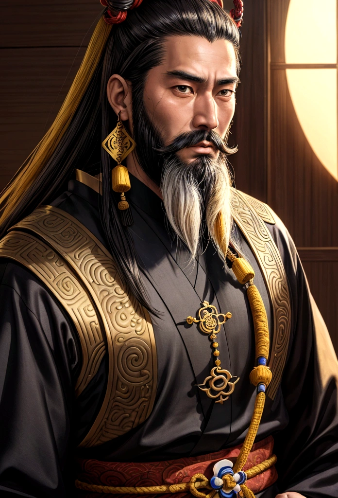 Close up of man with beard and long beard, Onmiji detailed art, Inspired by Hua Hua Bin, Onmiji portrait, Songs inspired by Huang Ding, Onmiji, Guan Yu, Vian Lian, 조즈바이inspired by, Astrilone, yellow heart(Huang Shen)inspired by, 리칸inspired by, heise jinyao