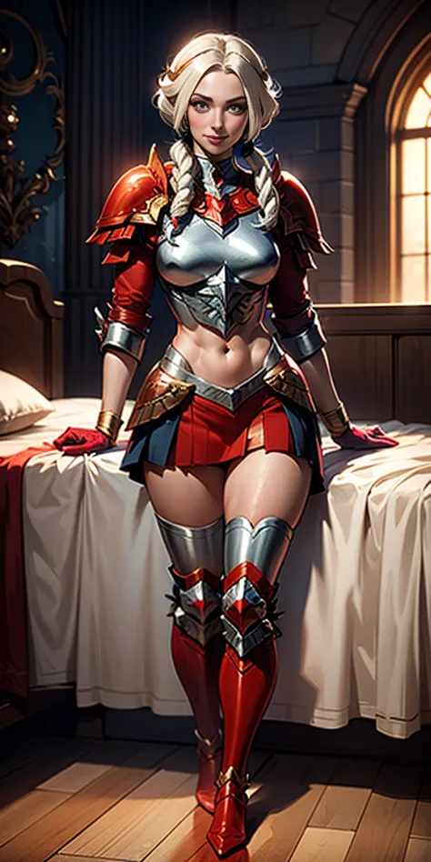 full body, def_effie, RED breastplate, RED skin, looking at viewer, shiny, armor, thigh highs, high boots, shoulder armor, fauld...