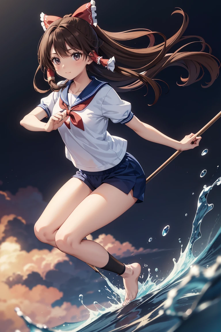 Reimu Hakurei, (Brown eyes:1.5), Brown Hair, bow, hair bow, Hair Tube, Long Hair, red bow, Side Lock, (((Slender body)))、(Navy blue cuffs and white short-sleeved gym uniform)、(Navy Blue Bloomers)、(
barefoot)、Navy blue socks、sports boots、Ground、Schoolyard、Sexy pose、
BREAK Watch Viewers,blush、
Full Body Shot,Smile Break (masterpiece:1.2), Highest quality, High resolution, unity 8k wallpaper, (figure:0.8), (Beautiful attention to detail), Highly detailed face, Perfect lighting, Highly detailed CG, (Perfect hands, Perfect Anatomy),Dynamic pose,