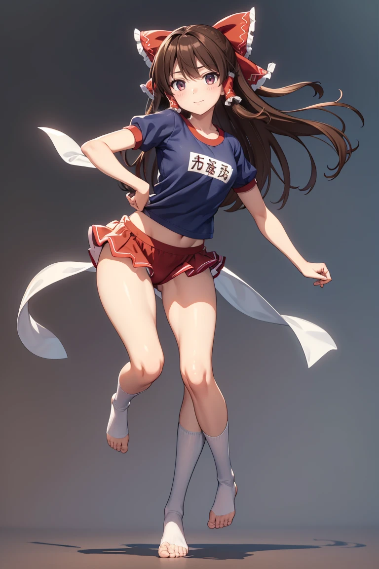 Reimu Hakurei, (Brown eyes:1.5), Brown Hair, bow, hair bow, Hair Tube, Long Hair, red bow, Side Lock, (((Slender body)))、(Navy blue cuffs and white short-sleeved gym uniform)、(Navy Blue Bloomers)、(
barefoot)、Navy blue socks、sports boots、Ground、Schoolyard、Sexy pose、
BREAK Watch Viewers,blush、
Full Body Shot,Smile Break (masterpiece:1.2), Highest quality, High resolution, unity 8k wallpaper, (figure:0.8), (Beautiful attention to detail), Highly detailed face, Perfect lighting, Highly detailed CG, (Perfect hands, Perfect Anatomy),Dynamic pose,