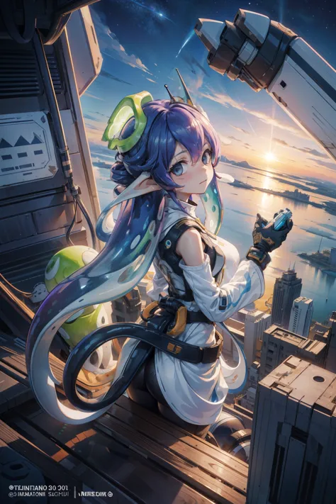 aerial photograph，From above、Giant Splatoon Girl 20,000 feet high，Weight: 1000kg，Waist-length tentacle hair，Gradient colored ten...