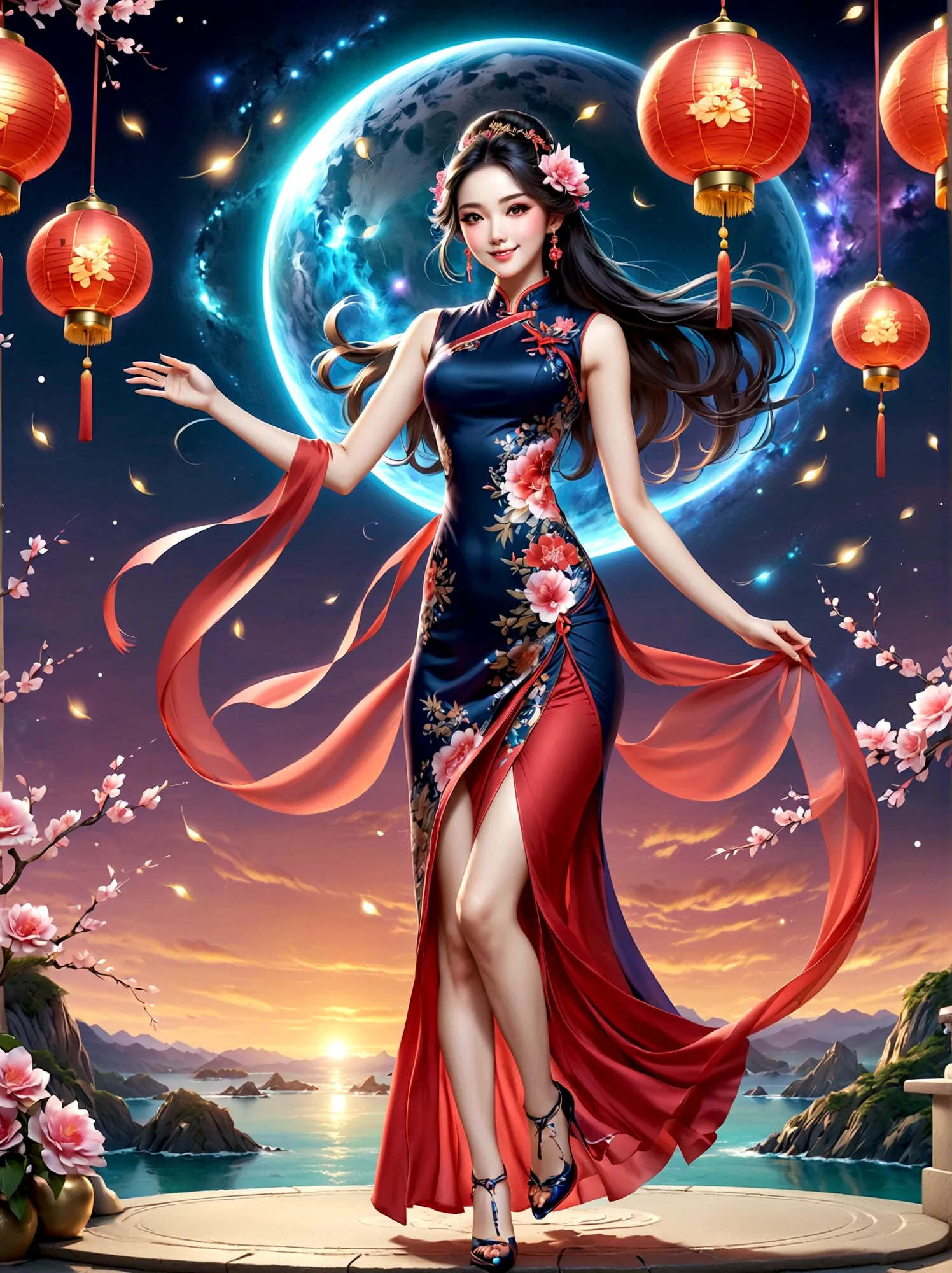 (full-body shot:1.4), Space Art, 1 Cheongsam woman，whole body，Standing，Transparent robotic arm，slim body，Perfect proportions，Exq...