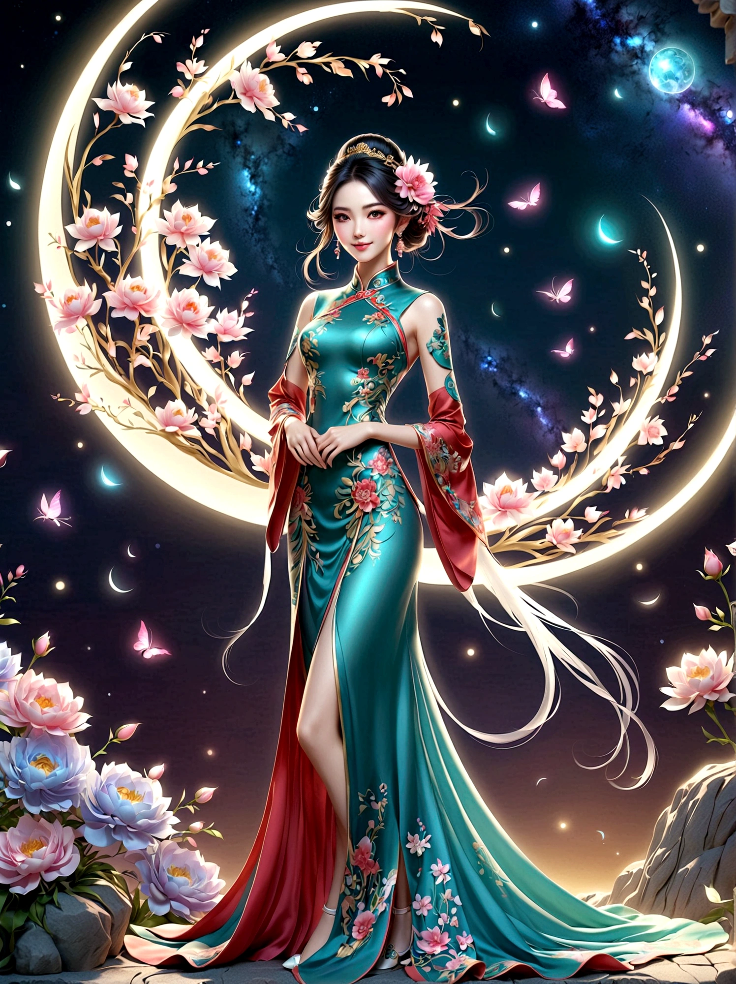 (full-body shot:1.4), Space Art, 1 Cheongsam woman，whole body，Standing，Transparent robotic arm，slim body，Perfect proportions，Exquisite hair accessories，Smile，Transparent mechanical shoes，Oriental elements，(bokeh)，high quality，4K，3d
