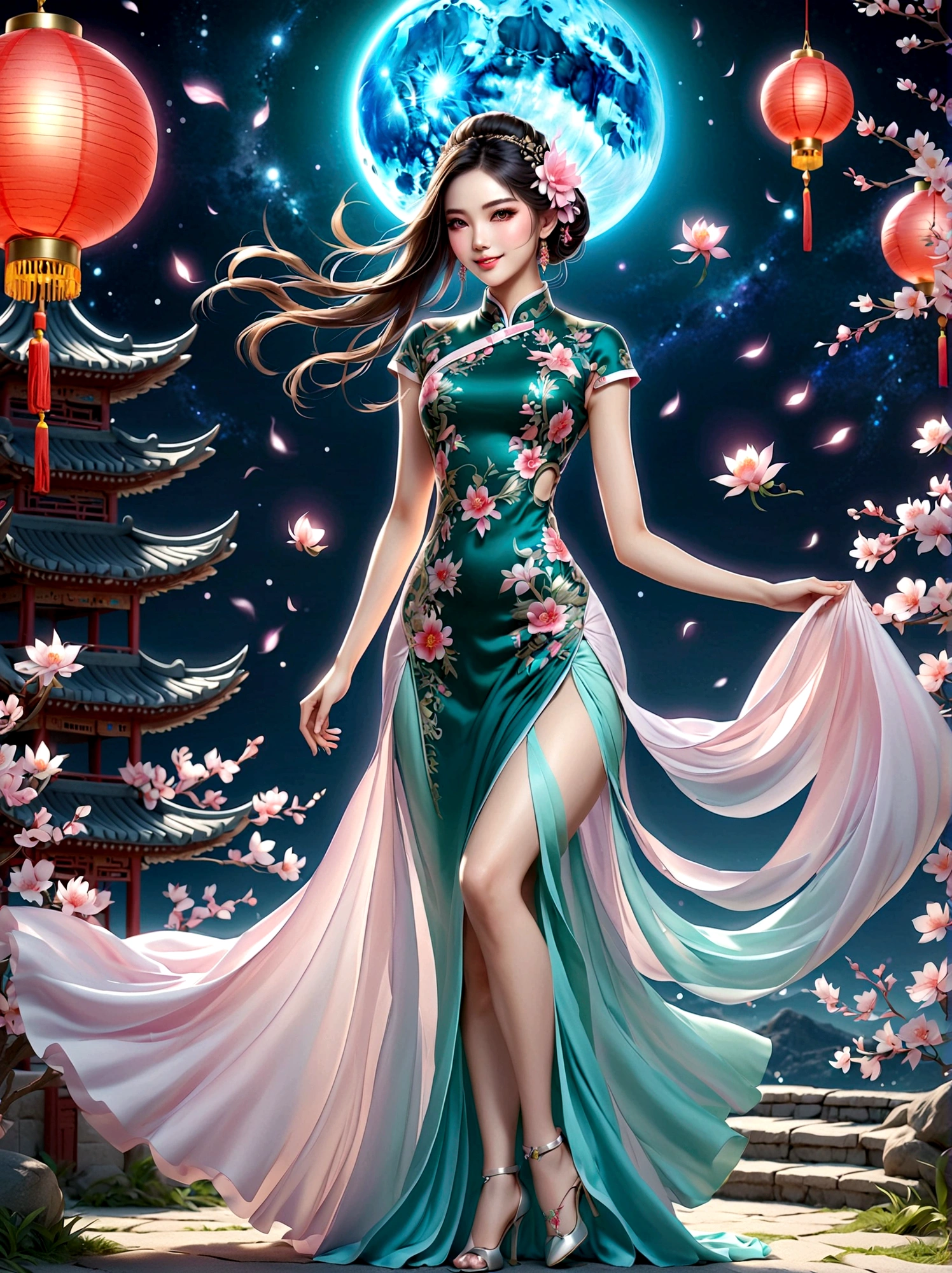 (tir de tout le corps:1.4), art spatial, 1 femme Cheongsam，tout le corps，debout，Bras robotique transparent，corps mince，Des proportions parfaites，accessoires pour cheveux exquis，sourire，Chaussures mécaniques transparentes，Éléments orientaux，(bokeh)，haute qualité，4K，3D